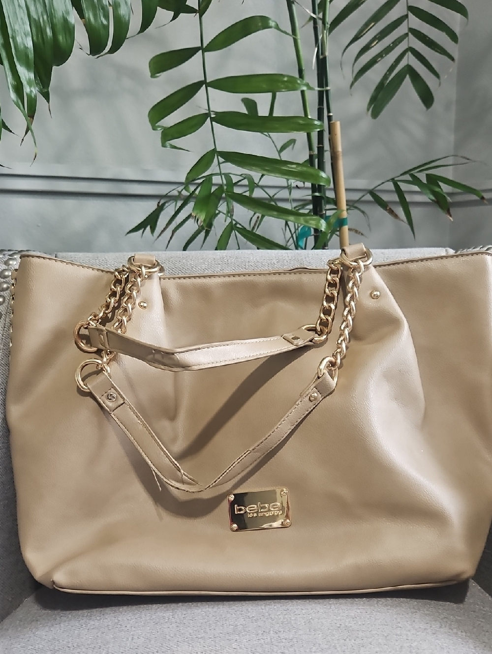 bebe Beige Tote Bag with Gold Chain Handles